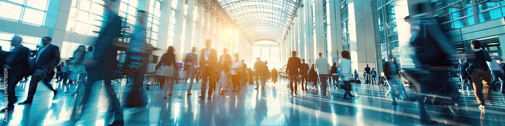 Sunlight streams through a bustling airport terminal, highlighting the hustle of travel.