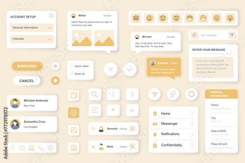 User interface elements set for Messenger mobile app or web. Kit template with HUD, account setup, chats, emoji, subscribe, business network, online contacts. Pack of UI, UX, GUI. Vector components.