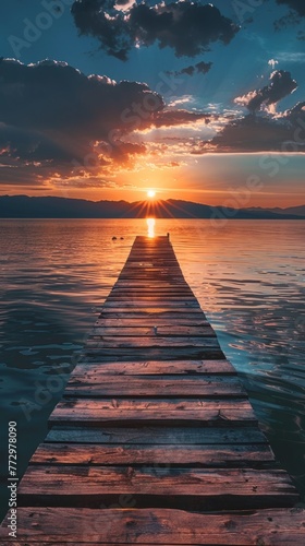 Sunset view from a wooden pier over a calm lake