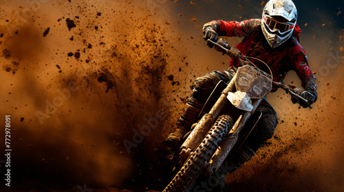 Dirt bike rider in red and white gear speeding across a dusty field