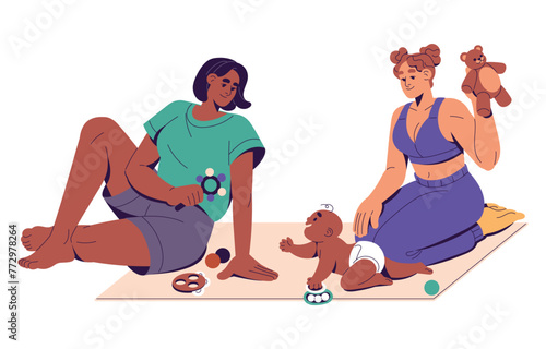 Homosexual mothers care about baby together. Lesbian moms sit on floor, play with kid with toys. Happy newborn crawls. Interracial lgbt family with infant. Flat isolated vector illustration on white