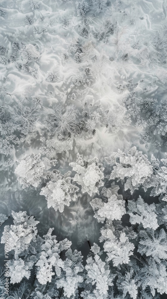 Fototapeta premium Aerial view of frost covered trees in winter