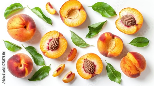 Assortment of fresh apricots and leaves on a white background.