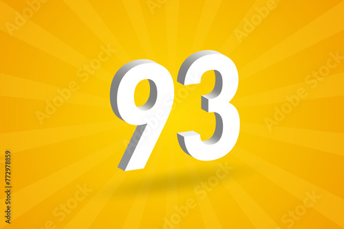 3D 93 number font alphabet. White 3D Number 93 with yellow background