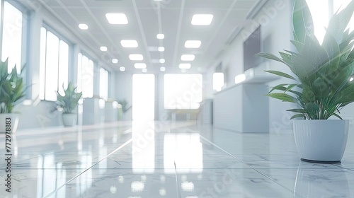 Bright modern corridor in an office building with potted plants and sunlight.