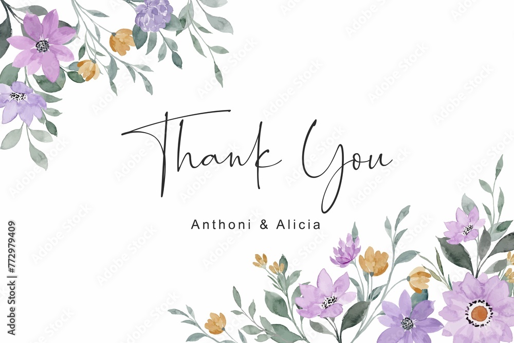 Thank You Card With Watercolor Purple Floral Border