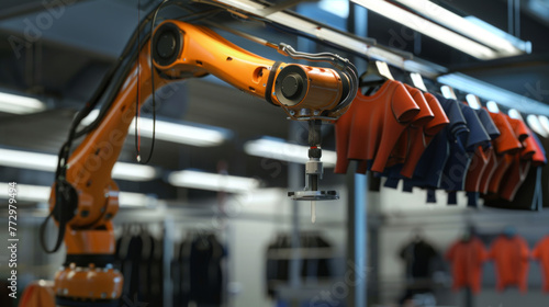 Automated clothing factory. Fashion industry. Modern robotic clothing production. Automated hand sewing clothes