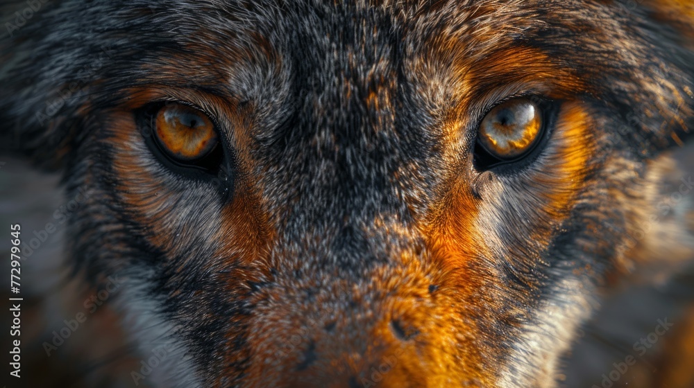 Close-up of a wolf's eye with detailed fur texture