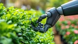 Robotic arm tending to plants in a modern agricultural setup.