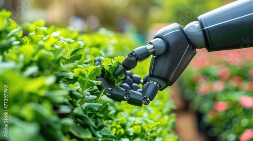Robotic arm tending to plants in a modern agricultural setup.