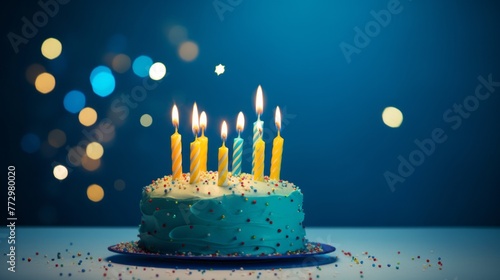 A blue birthday cake with candles on it