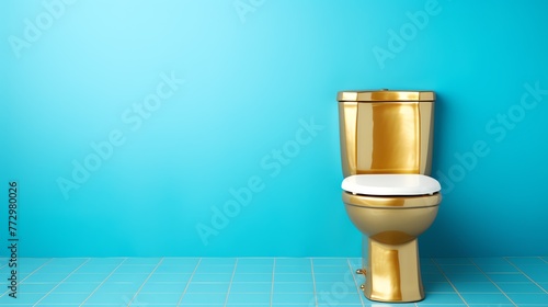 a gold toilet in a blue bathroom