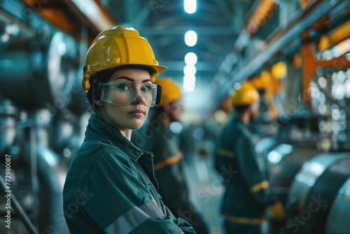 Woman with helmet and protective glasses in a factory looking at camera with colleagues working in the background with helmet