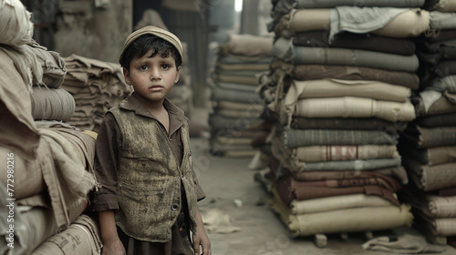 A small boy in worn-out clothing stands beside towering stacks of fabric in a textile factory, his job to tirelessly sort and fold, a reflection of the dire circumstances forcing children into labor.