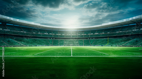 Empty sports arena with green grass under cloudy sky photo