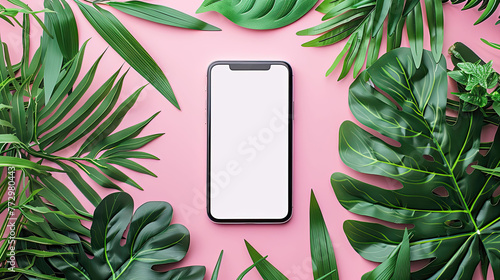 Smartphone on a pink background surrounded by lush green leaves.