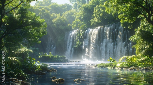 A serene waterfall surrounded by lush greenery and a sunny day Generative AI