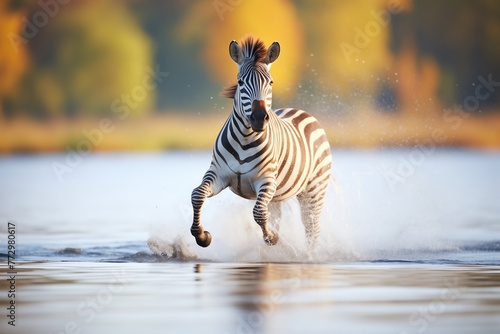 a zebra running through water