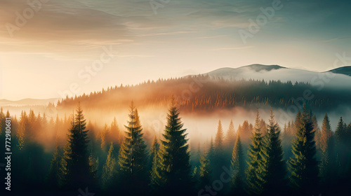 Misty forest with mountain in the distance