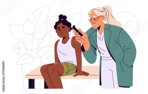 Ent doctor examines ears of little patient with otoscope. Pediatrician cares about kid's health. Medic works in pediatric otolaryngology clinic. Flat isolated vector illustration on white background