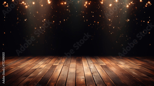 Dark room with wooden floor and lights photo