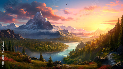 Painting of Mountain Lake and Range