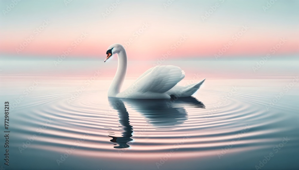 Fototapeta premium White swan on calm water, soft sunrise colors, serene beauty. Serene white swan on clear water, with sunrise painting the sky.
