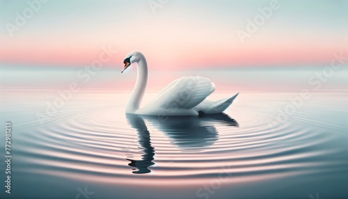 White swan on calm water  soft sunrise colors  serene beauty. Serene white swan on clear water  with sunrise painting the sky.