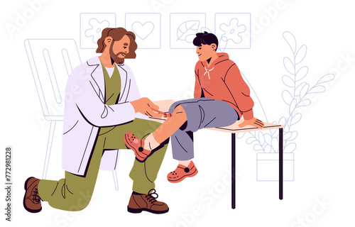 Pediatric doctor testing reflexes of boy with neurological hammer. Pediatrician neurologist examines kid. Medic cares about children health. Flat isolated vector illustration on white background
