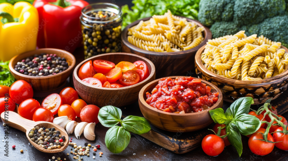 A variety of vegetables and pasta are displayed on a wooden table. The table is covered with a variety of vegetables, including tomatoes, broccoli, and peppers. There are also several bowls of pasta