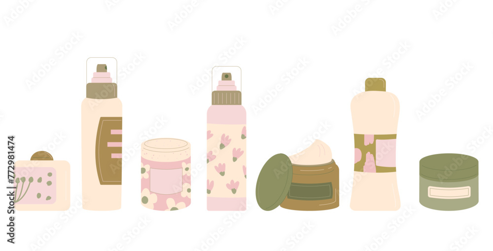 Beauty cosmetics bottles, containers and tubes products set isolated on white background. Flat vector illustration Beauty cosmetics bottles, containers and tubes products set isolated on white background. Flat vector illustration