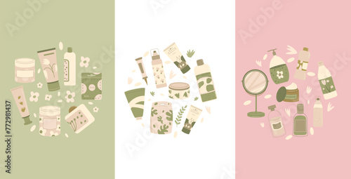 Natural beauty products circle emblem set. Cleansing and moisturizing face. Skincare cosmetics round composition. Bottles, containers and tubes. Flat vector illustration