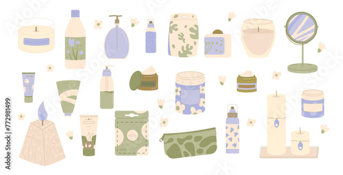 Skincare cosmetics products set. Cleansing and moisturizing. Serum and cream for spa. Skin, body cosmetics bottles, containers and tubes. Flat vector illustration isolated on white background