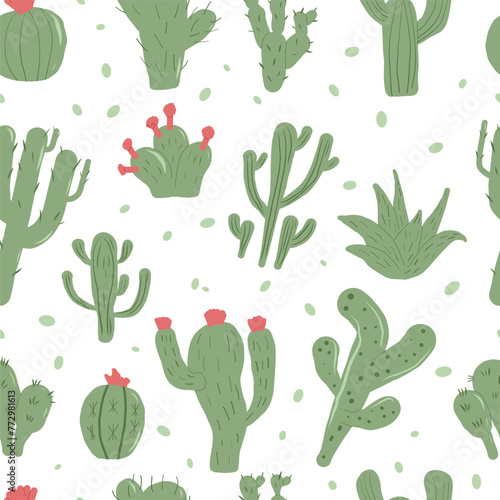Cactus seamless pattern. Mexican exotic plant endless background. Nopal loop cover. Vector hand drawn illustration.