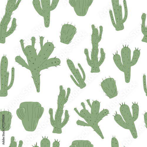 Cactus doodle seamless pattern. Mexican exotic plant endless background. Nopal repeat cover. Vector flat illustration.