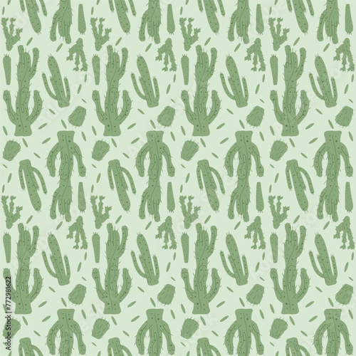 Cactus seamless pattern. Mexican exotic plant endless background. Nopal loop cover. Vector hand drawn illustration.