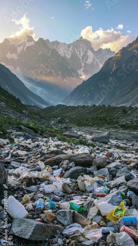 Pollution in mountain landscape with plastic waste