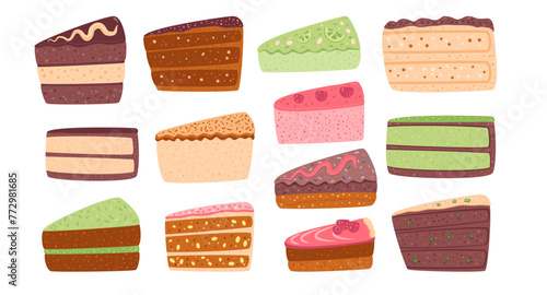 Cakes set. Sweet bakery piece. Pastry dessert slices with cream. Vector pie flat illustration isolated on white background