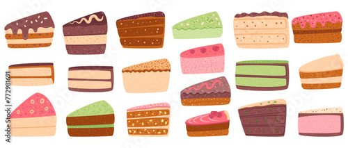 Cakes set isolated on white background. Sweet bakery pieces collection. Pastry dessert with cream. Vector pie flat illustration