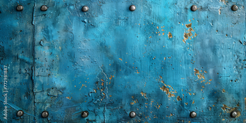 A blue wall with a lot of holes and rust. The wall is made of metal and has a lot of holes in it - obrazy, fototapety, plakaty 