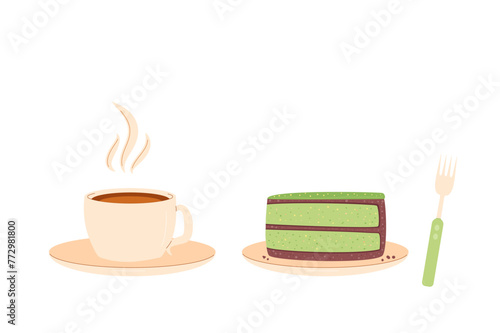 Coffee and pistachio cake. Capuccino cup with slice of cake and fork. Sweet bakery piece with hot beverage. Pastry dessert with cream for breakfast. Vector illustration isolated on white background