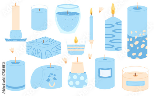 Scented crafted candles different shapes set. Wax, soy, paraffin candles in jar, containers pillar. Aroma spa accessories for relax collection. Home decor items. Vector flat illustration