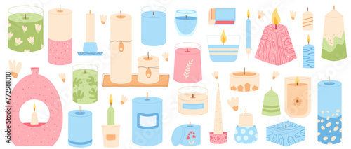 Scented candles various shapes set. Wax, soy, paraffin candles . Aroma spa accessories for relax collection isolated on white background. Interior cosy home decor items. Vector flat illustration.