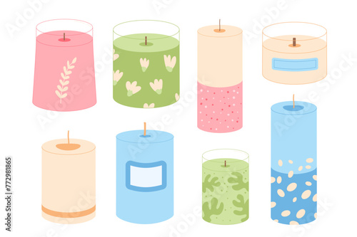 Wax pillar candles set. Handmade craft aromatic candlelight isolated in white background. Hygge and staycation time. Aromatherapy and relaxation home decor. Vector handdrawn illustration