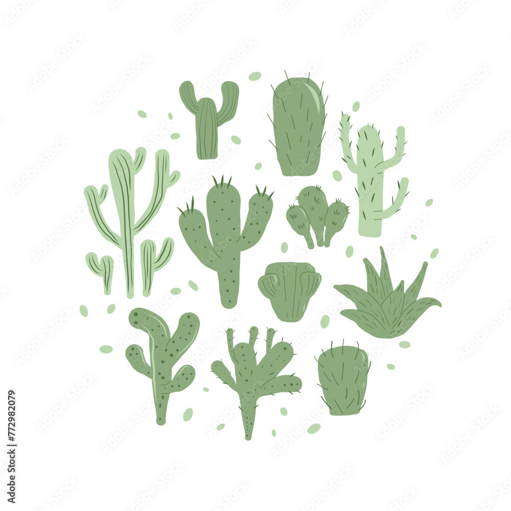 Cactus swap circle emblem set isolation on white background. Mexican cacti and aloe round badge. Exotic various plants collection Vector flat illustration Cactus swap circle emblem set isolation on white background. Mexican cacti and aloe round badge. Exotic various plants collection Vector flat illustration