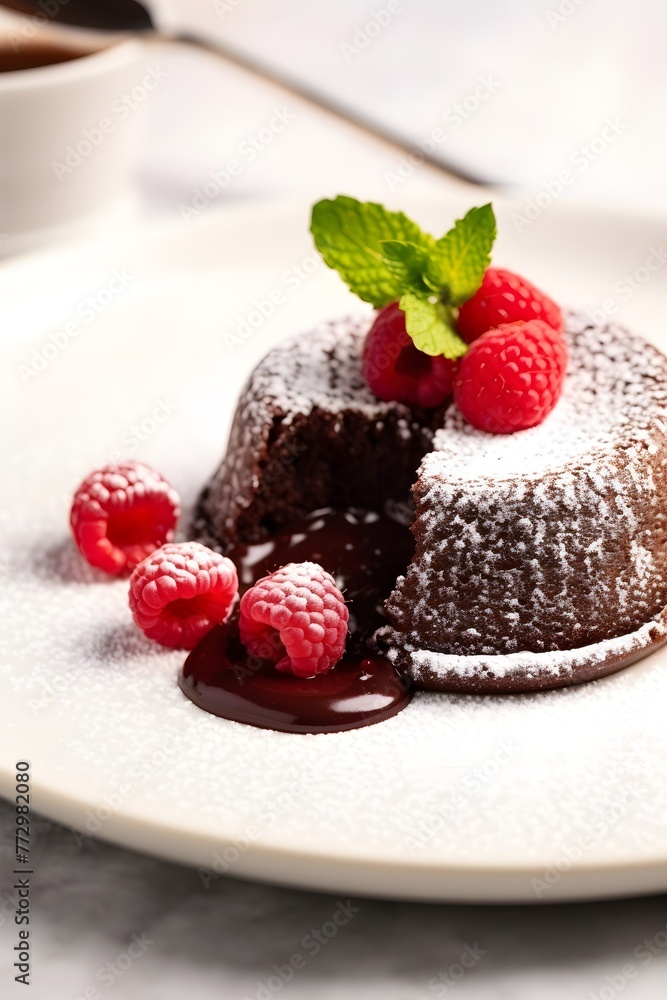 Chocolate lava cake with raspberry, chocolate is flowing out of cake on to white plate, garnished with mint leaf and icing sugar, restaurant menu food photography Chocolate lava cake with raspberry, chocolate is flowing out of cake on to white plate, garnished with mint leaf and icing sugar, restaurant menu food photography