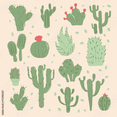 Cactus succulent set. Mexican cacti and aloe square card. Exotic various plants collection Vector hand drawn illustration