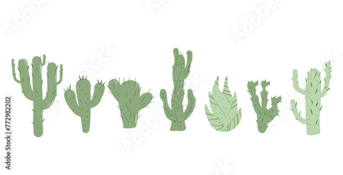 Cactus set isolation on white background. Mexican cacti and aloe. Exotic various plants collection Vector hand drawn illustration