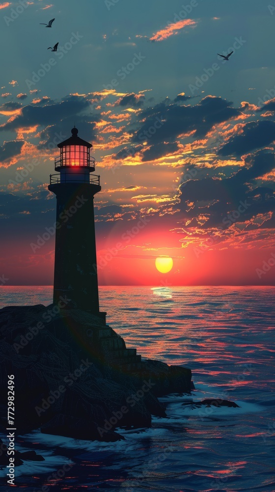 Lighthouse silhouette against sunset sky