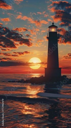 Lighthouse silhouette against sunset over the ocean